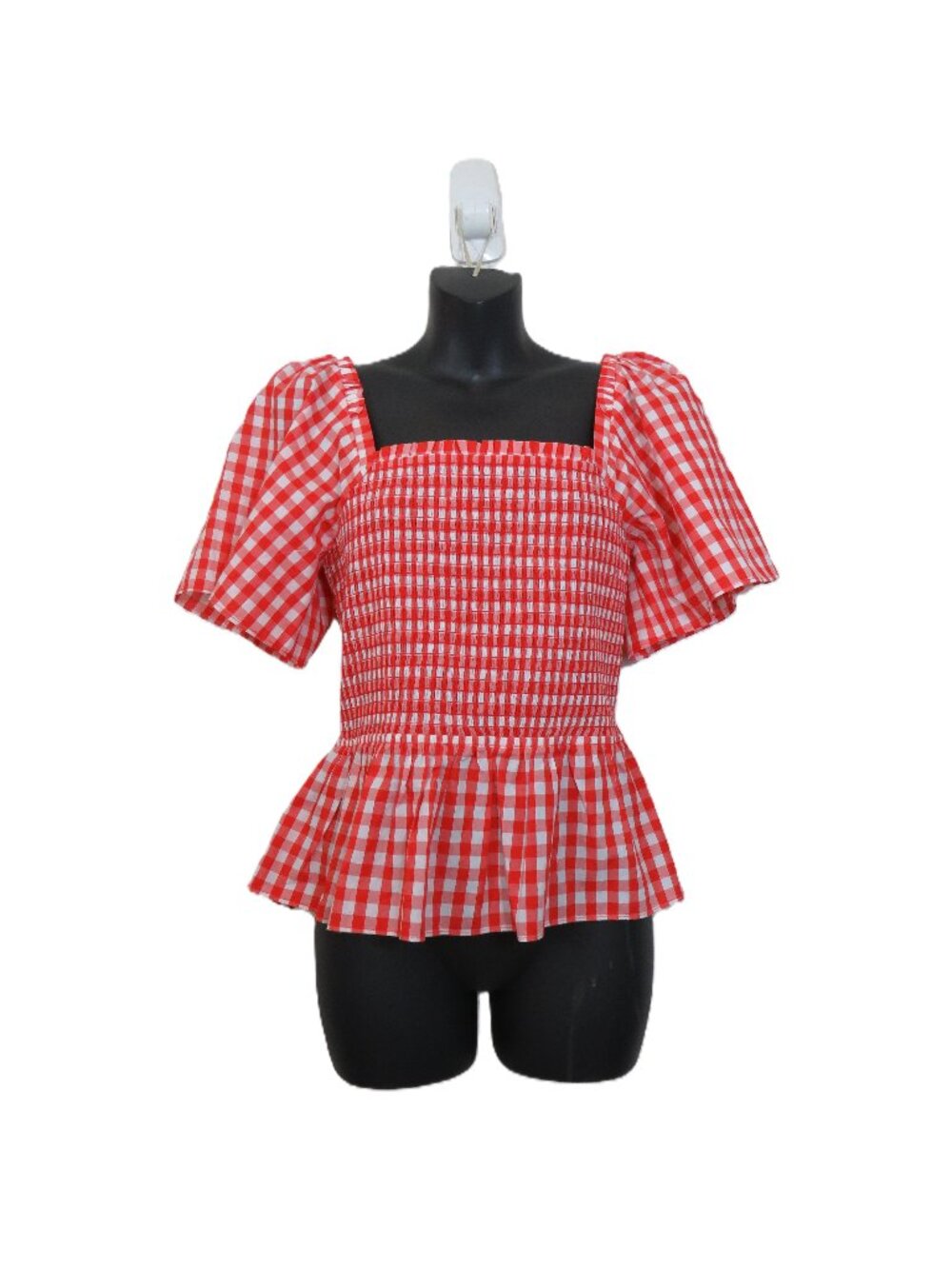 Draper James size Small Smocked Red Gingham Top Peplum Short Sleeve